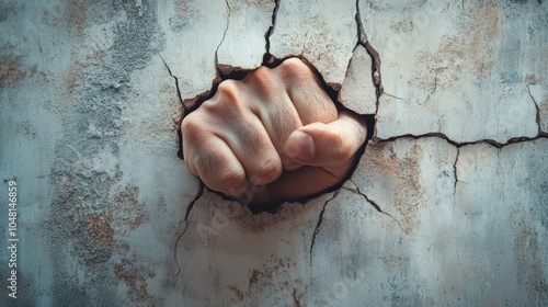 A fist punching through a wall in frustration, the cracks spreading out like veins, representing the physical manifestation of anger. photo