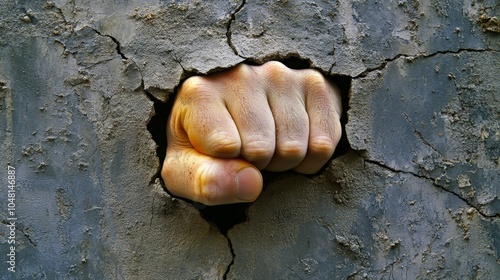 A fist punching through a wall in frustration, the cracks spreading out like veins, representing the physical manifestation of anger. photo