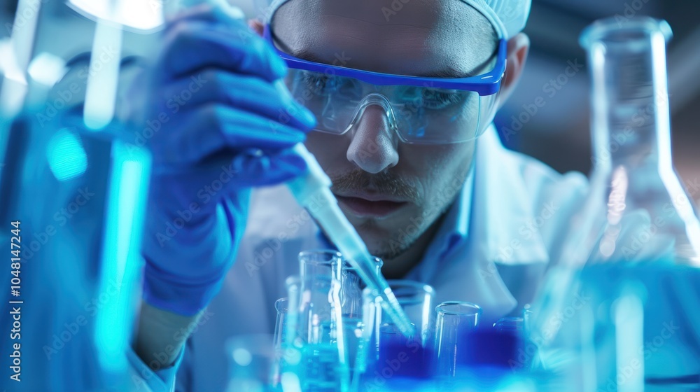 Scientist in Protective Gear Performing Experiment with Pipette and Test Tubes Scientist in Protective Gear Performing Experiment with Pipette and Test Tubes