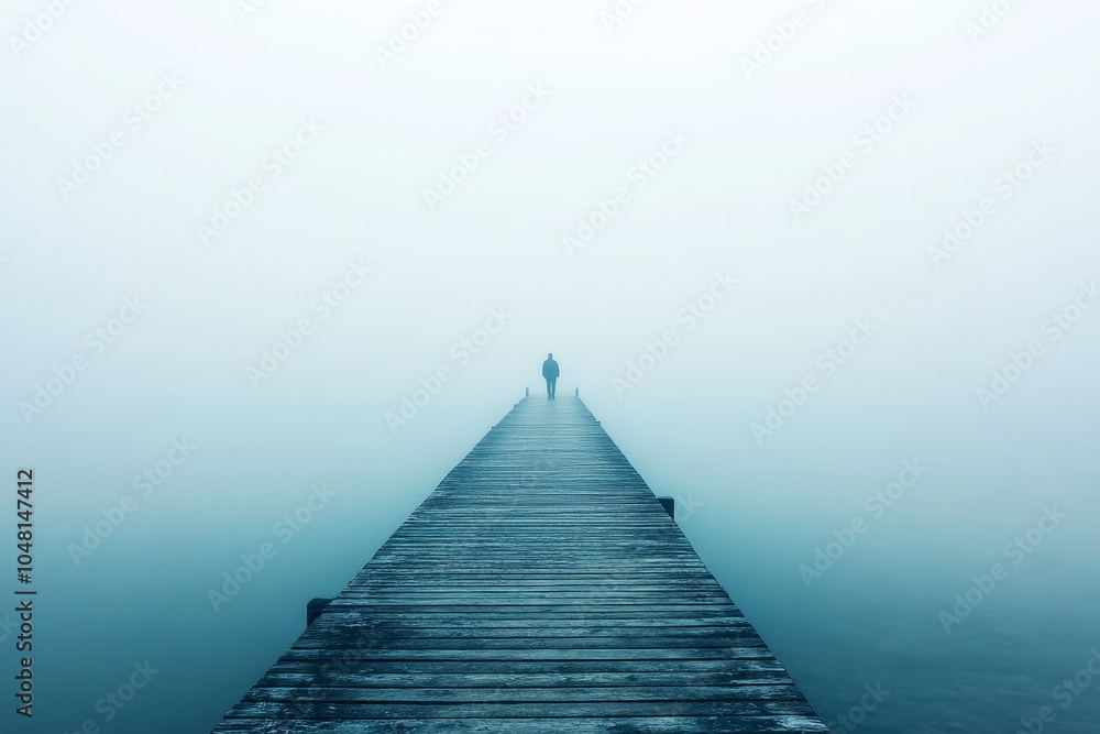 Obraz premium A foggy pier reaching out into the sea, with a single figure at the end, staring into the distance, lost in thought.