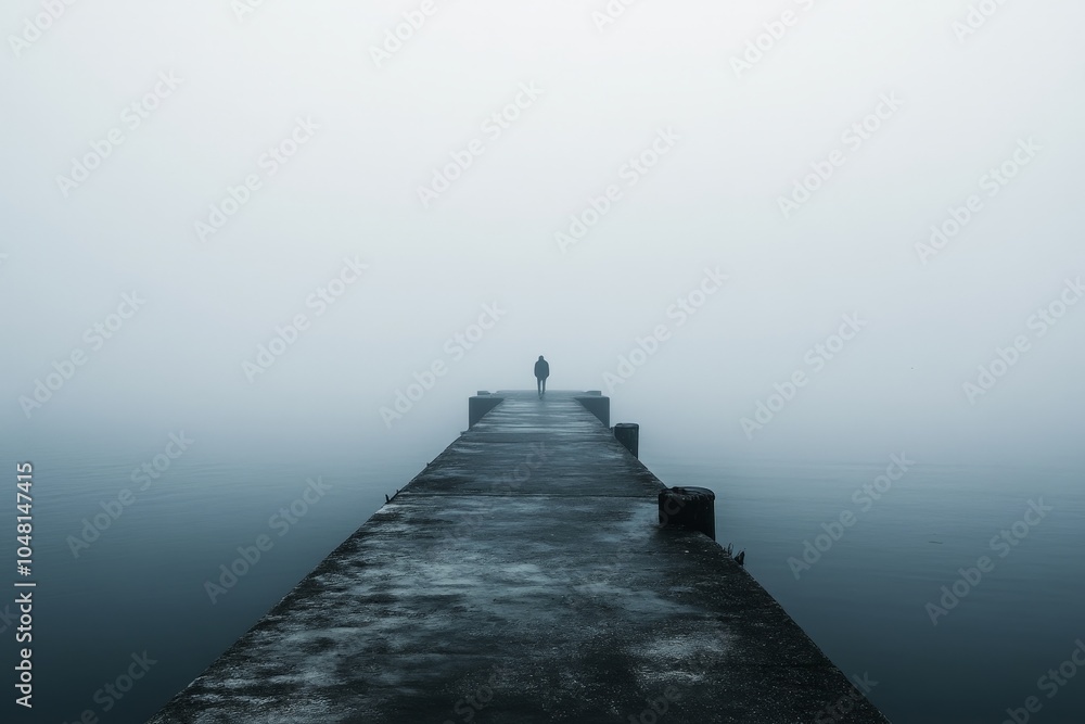 Obraz premium A foggy pier reaching out into the sea, with a single figure at the end, staring into the distance, lost in thought.