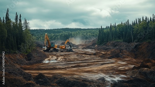 A forest being cleared for mining, with machinery and vast pits of bare earth replacing the trees.
