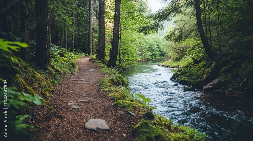Obraz premium A forest trail leading to a quiet river, with a hiker enjoying the peacefulness of nature without the distraction of a phone.