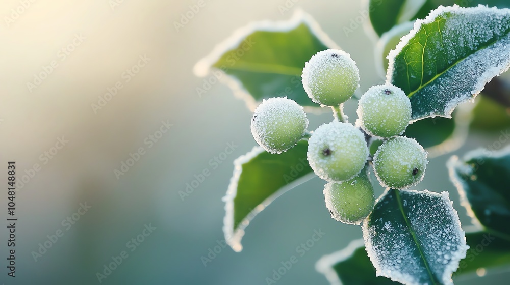 Green holly berries covered in frost, softly glowing in morning light, closeup, high detail Green holly berries covered in frost, softly glowing in morning light, closeup, high detail
