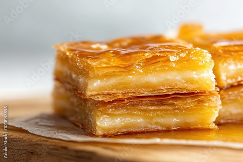 Golden crispy phyllo layers with sweet custard filling photo