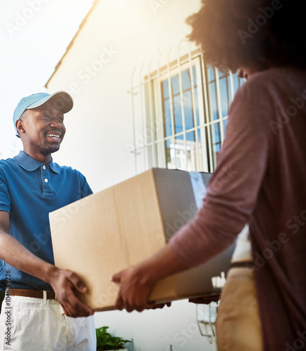 African courier, package and logistics for customer, smile and ecommerce with home freight or cargo. Delivery man, woman and shipping with distribution, box or supply chain for online retail import photo