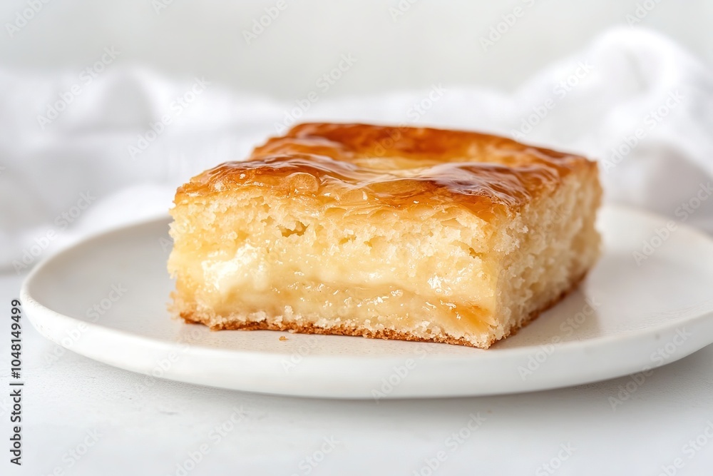 Gooey caramelized custard cake slice on white plate Gooey caramelized custard cake slice on white plate