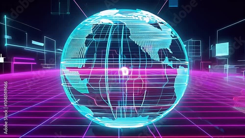 3D rendering white wireframe grid sphere creating retro neon aesthetic reminiscent Y2K 90s vaprowave styles 4K animation serves captivating background music events discothemed parties photo