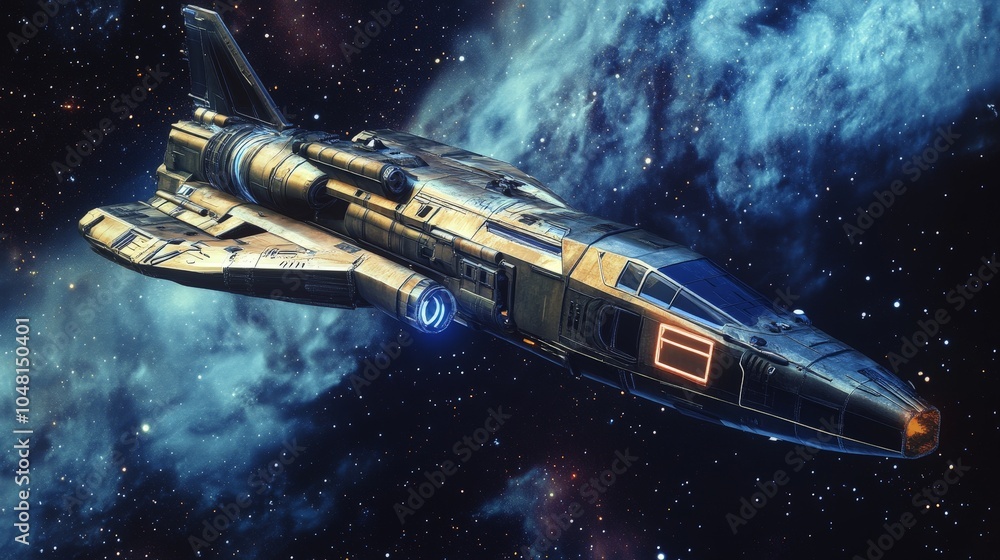 Obraz premium A futuristic spacecraft powered by antimatter engines, traveling through deep space toward an unknown destination.