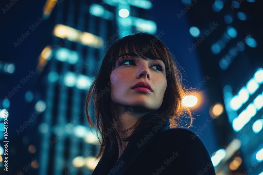 Businesswoman in the city at night. About 30 years old, Caucasian brunette with bangs Businesswoman in the city at night. About 30 years old, Caucasian brunette with bangs