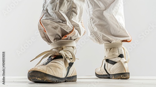 Worn White Sneakers with Orange Accents and White Pants photo