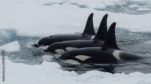 A group of orcas swimming together in the icy waters of the Arctic, their black and white bodies cutting through the sea. photo