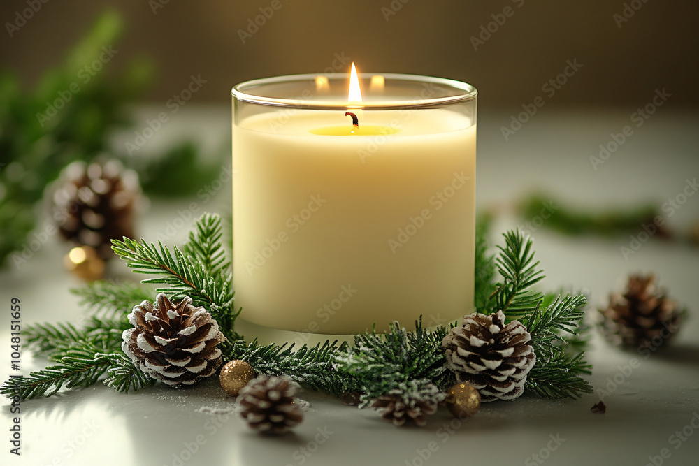 A serene, minimalistic image of a softly flickering candle surrounded by pine branches and pinecones, ideal for Christmas greeting cards or winter decor designs. A serene, minimalistic image of a softly flickering candle surrounded by pine branches and pinecones, ideal for Christmas greeting cards or winter decor designs.