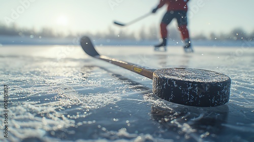 Ice hockey stick and puck on ice, 3D illustration photo