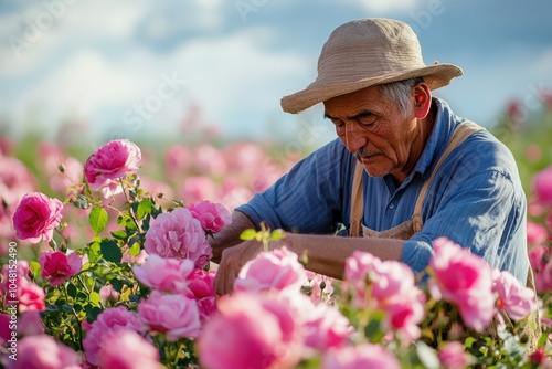 Senior farm worker harvesting rosa damascene in rose fields photo