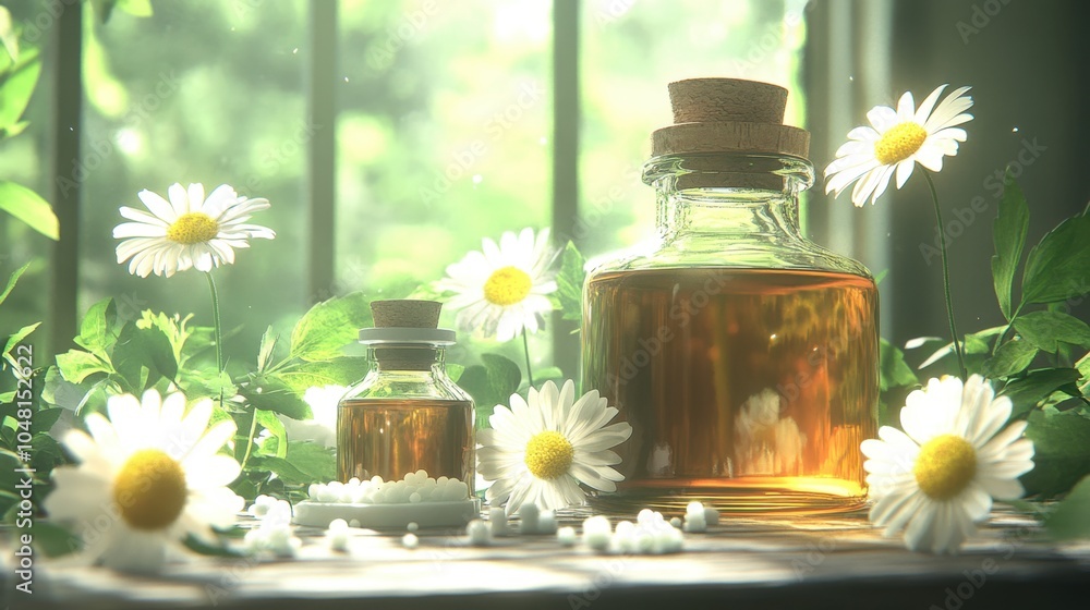 Homeopathic Remedies with Daisies and Glass Bottles in a Garden Setting Homeopathic Remedies with Daisies and Glass Bottles in a Garden Setting