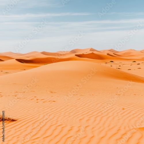 Expansive desert landscape with rolling sand dunes under a clear sky.