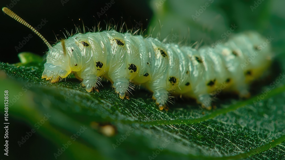 Naklejka premium Close-Up of Caterpillar Munching on Leaf
