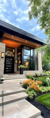 Wallpaper Mural Modern Home Entrance with Stone Facade and Landscaping. Torontodigital.ca