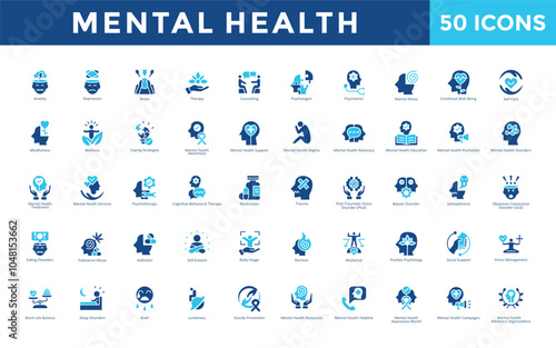 Mental Health icon set with anxiety, depression, stress, therapy, counseling, psychologist, psychiatrist, mental illness, emotional well-being icon. Simple flat vector 
 photo