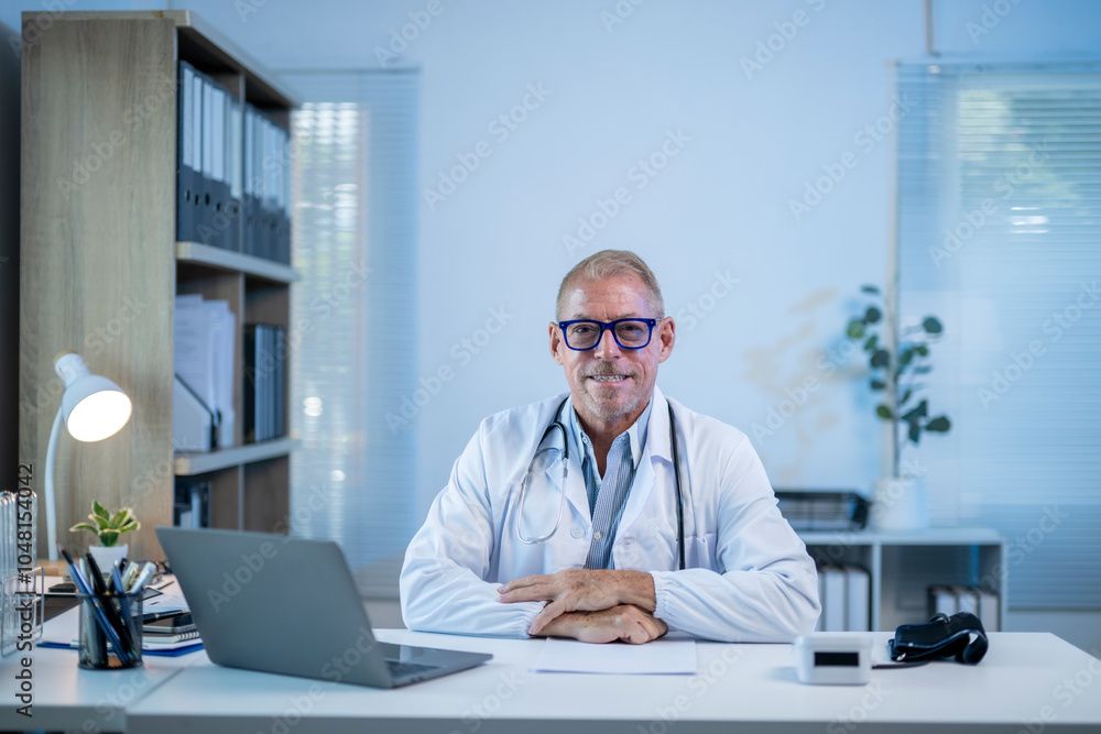 Confident doctor smiling while sitting at desk in office Confident doctor smiling while sitting at desk in office