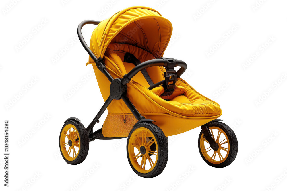 All Yellow baby jogging stroller isolated on transparent background, png file, no background png file