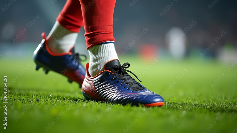 Obraz premium Close-up picture of soccer cleats on a green field with detailed focus on the cleats studs and vibrant design The background shows a blurred soccer field emphasizing the cleats in action