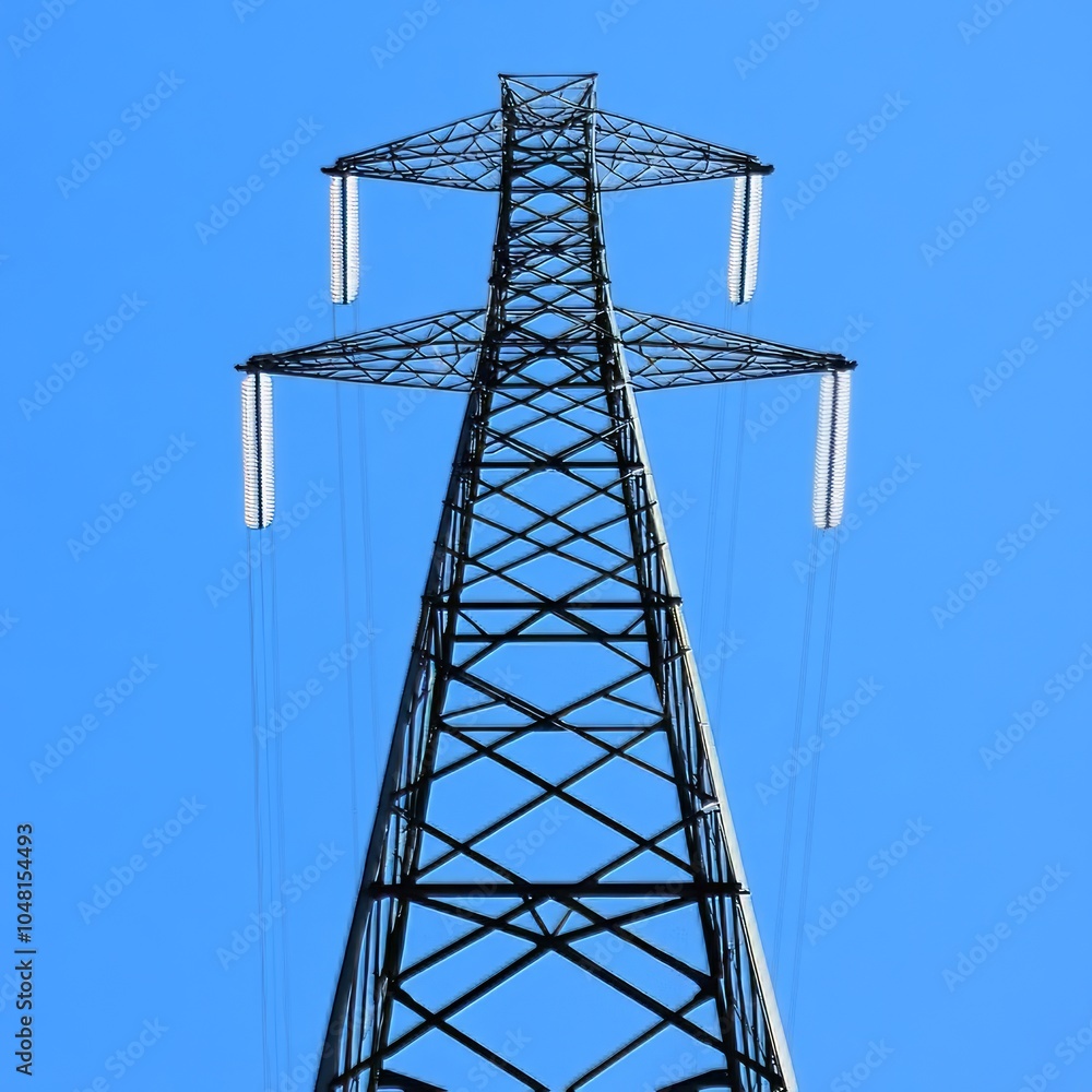 A tall electrical transmission tower against a clear blue sky. A tall electrical transmission tower against a clear blue sky.