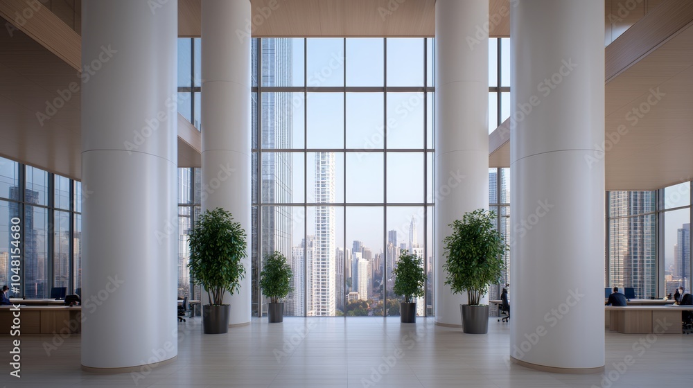 Fototapeta premium Modern Office Interior with City View and Large Windows