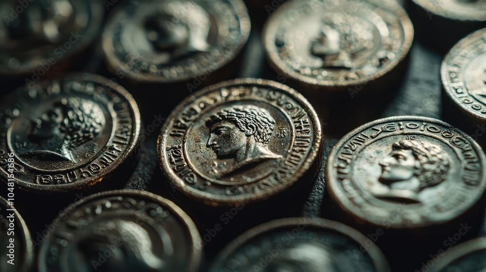 Close-Up of Ancient Coins with Intricate Details Close-Up of Ancient Coins with Intricate Details