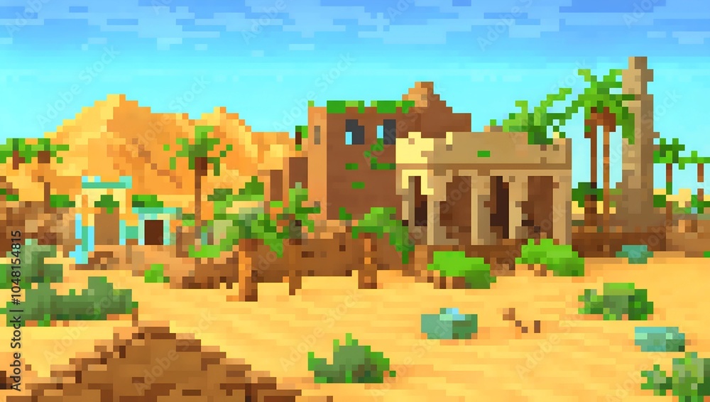 Obraz premium Desert landscape with palm trees and ruins during daytime pixel art background. 8-bit game assets