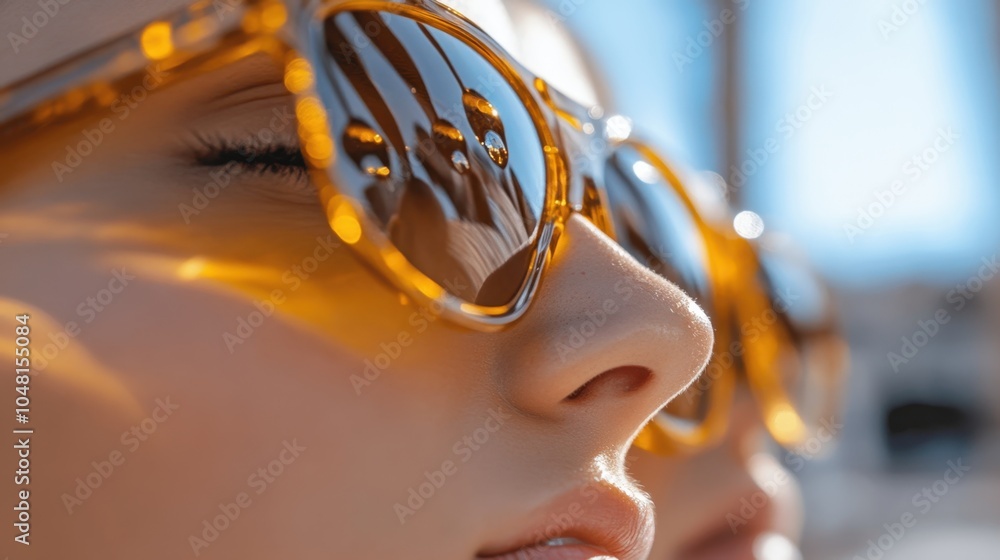 Close up of Woman s Nose and Sunglasses with Reflections in Bright Sunlight Close up of Woman s Nose and Sunglasses with Reflections in Bright Sunlight