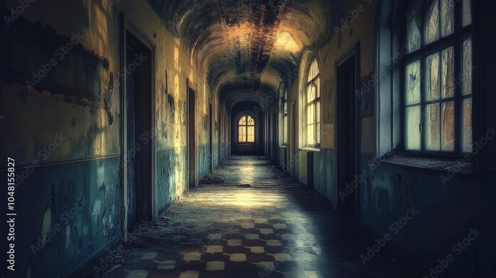 A long, empty hallway in an old building, lit only by the dim light coming through the windows, evoking a sense of abandonment and sadness. A long, empty hallway in an old building, lit only by the dim light coming through the windows, evoking a sense of abandonment and sadness.