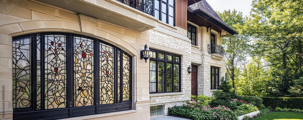 Early 20th-century Art Nouveau design captured in a suburban home with floral details. Early 20th-century Art Nouveau design captured in a suburban home with floral details.