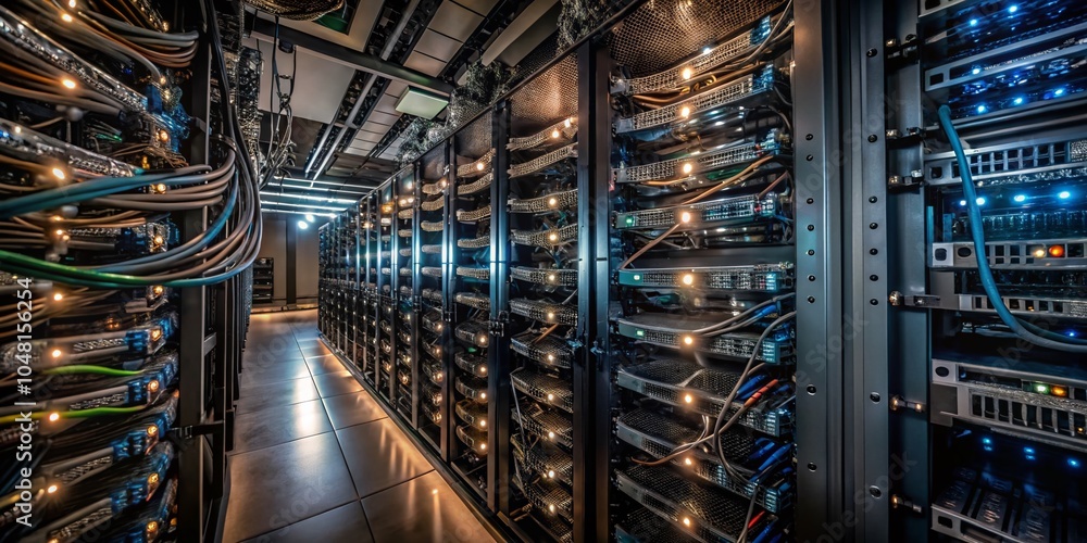 Fototapeta premium Aerial View of a High-Tech IT Server Room with Networking Equipment and Servers for Modern Data Management