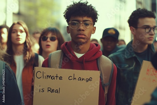 A group of young adult people are marching together on strike against climate change. They are holding cardboard signs. writing on the cardboard 