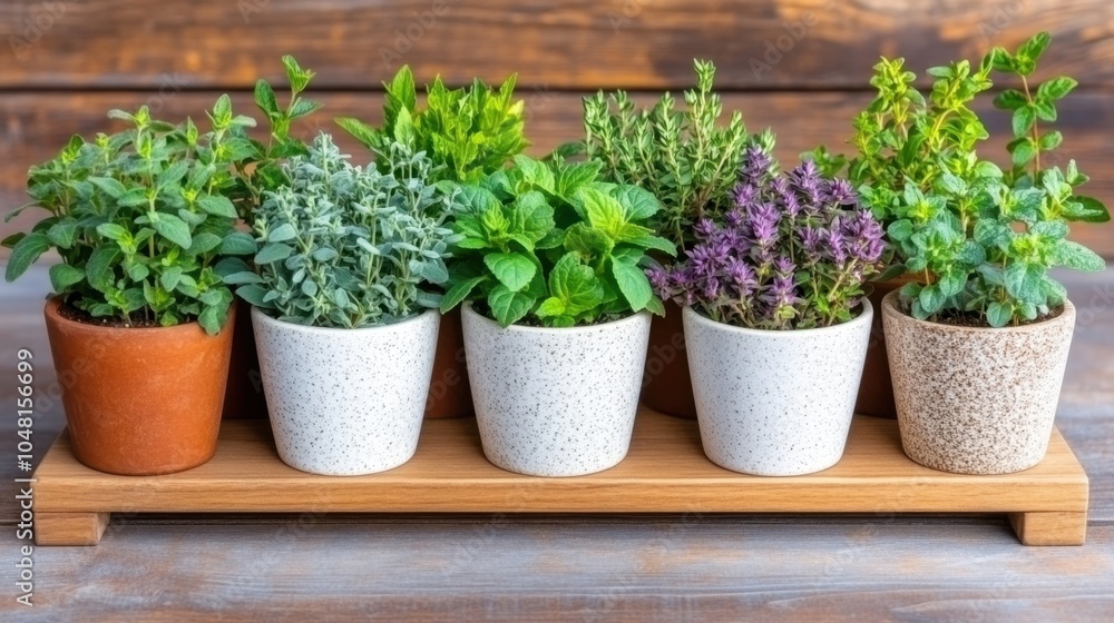 Fresh Herbs in Pots on Wooden Shelf Kitchen Garden Home Decor Greenery Plants Aromatic Organic Fresh Herbs in Pots on Wooden Shelf Kitchen Garden Home Decor Greenery Plants Aromatic Organic