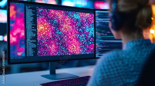 AIassisted creative process, with a designer using software to generate unique patterns and designs, while a large monitor displays the evolving artwork in a vibrant studio photo