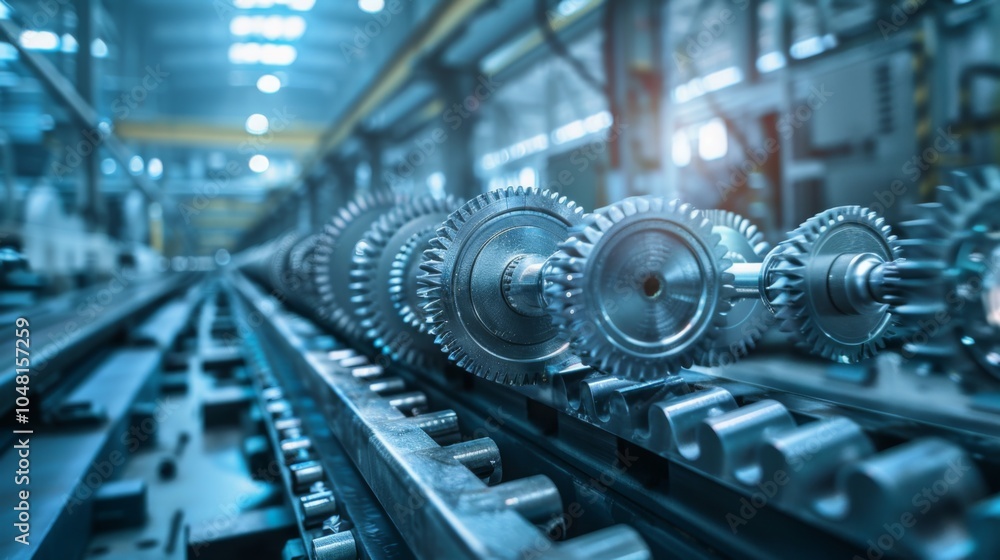 Industrial Gears on Production Line in Factory Setting Industrial Gears on Production Line in Factory Setting