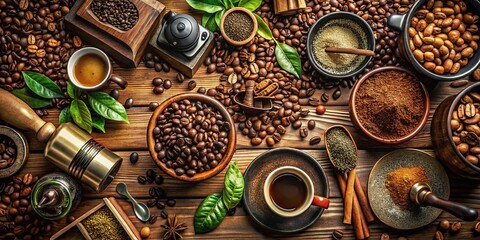 Tableau sur toile  Aerial View of Coffee Beans and Brewing Equipment for Graphic Design  © prapatsorn