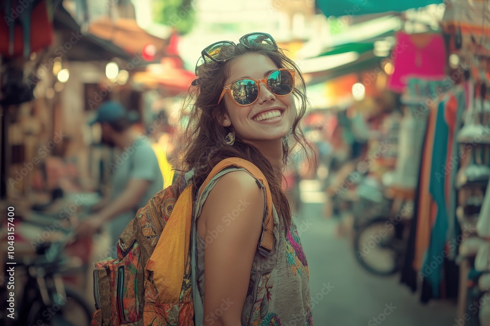 Obraz premium Happy Female Tourist Exploring Vibrant Weekend Market with Backpack