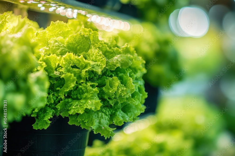 Photo of hydroponic lettuce grown in stacked tower level pots and with rows of LED grow lights in a home style hydroponic garden Photo of hydroponic lettuce grown in stacked tower level pots and with rows of LED grow lights in a home style hydroponic garden