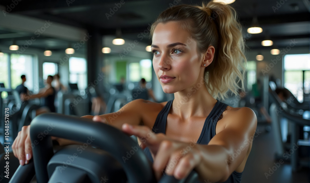 Fototapeta premium An American athletic woman using an exercise machine during sports training in a health club