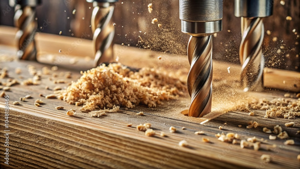 Aerial View of Metal Drill Bits Creating Holes in Oak Wood Planks for DIY Projects and Carpentry Aerial View of Metal Drill Bits Creating Holes in Oak Wood Planks for DIY Projects and Carpentry