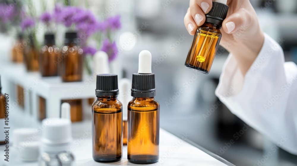 Essential Oil Blending Close up of Dropper Bottles and Hand Essential Oil Blending Close up of Dropper Bottles and Hand