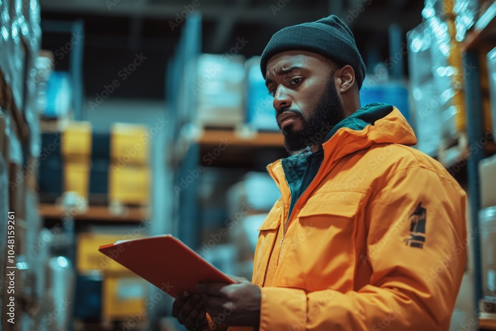 Volunteers teamwork are working together in a food and clothes bank. Portrait of man holding a notepad Volunteers teamwork are working together in a food and clothes bank. Portrait of man holding a notepad
