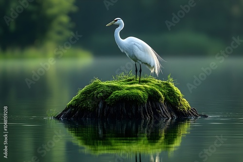 Perched gracefully in the center of the stump is a majestic white crane