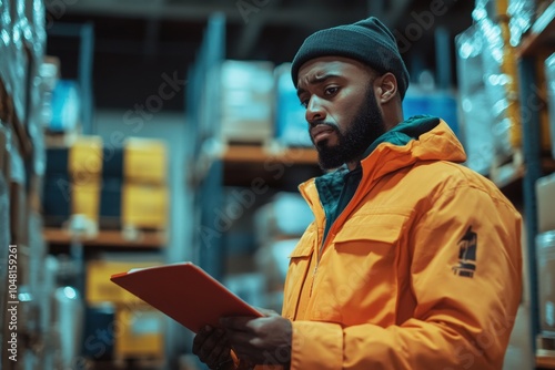 Volunteers teamwork are working together in a food and clothes bank. Portrait of man holding a notepad