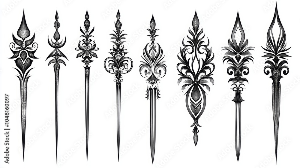 Ornate Floral Sword Design Elements Black and White Graphic Art Ornate Floral Sword Design Elements Black and White Graphic Art