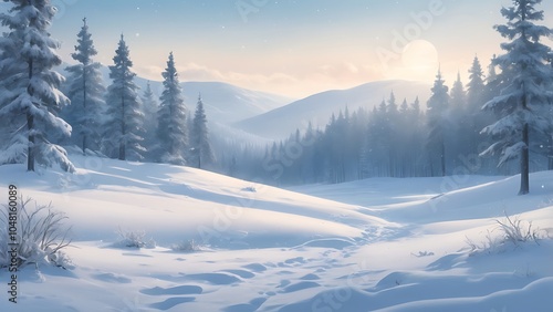 Digital illustration depicting a serene winter landscape features a wide, panoramic view of snow-covered hills and valleys, with a clear blue sky overhead